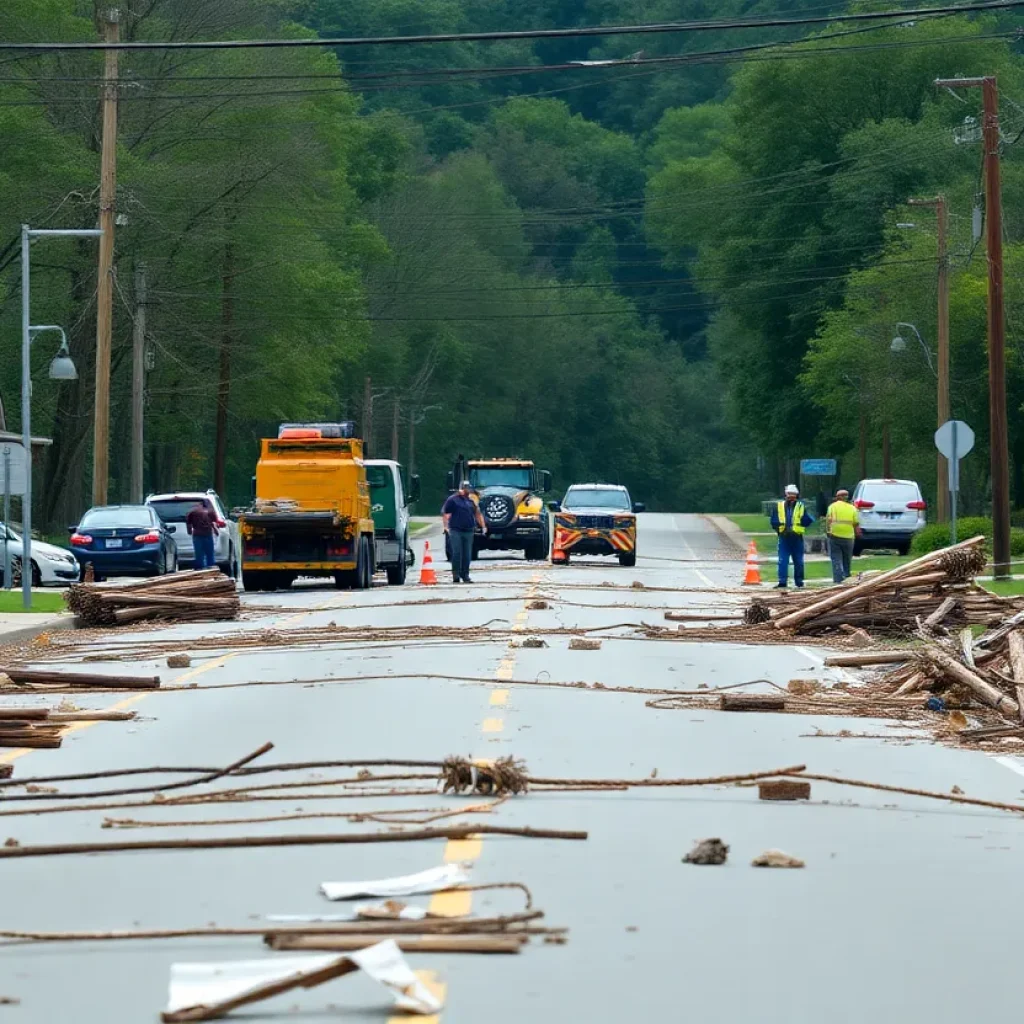 Workers clearing debris from road in Asheville after Hurricane Helene.