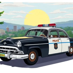 Celebration of Asheville Police Department's 150th anniversary with a vintage patrol car.