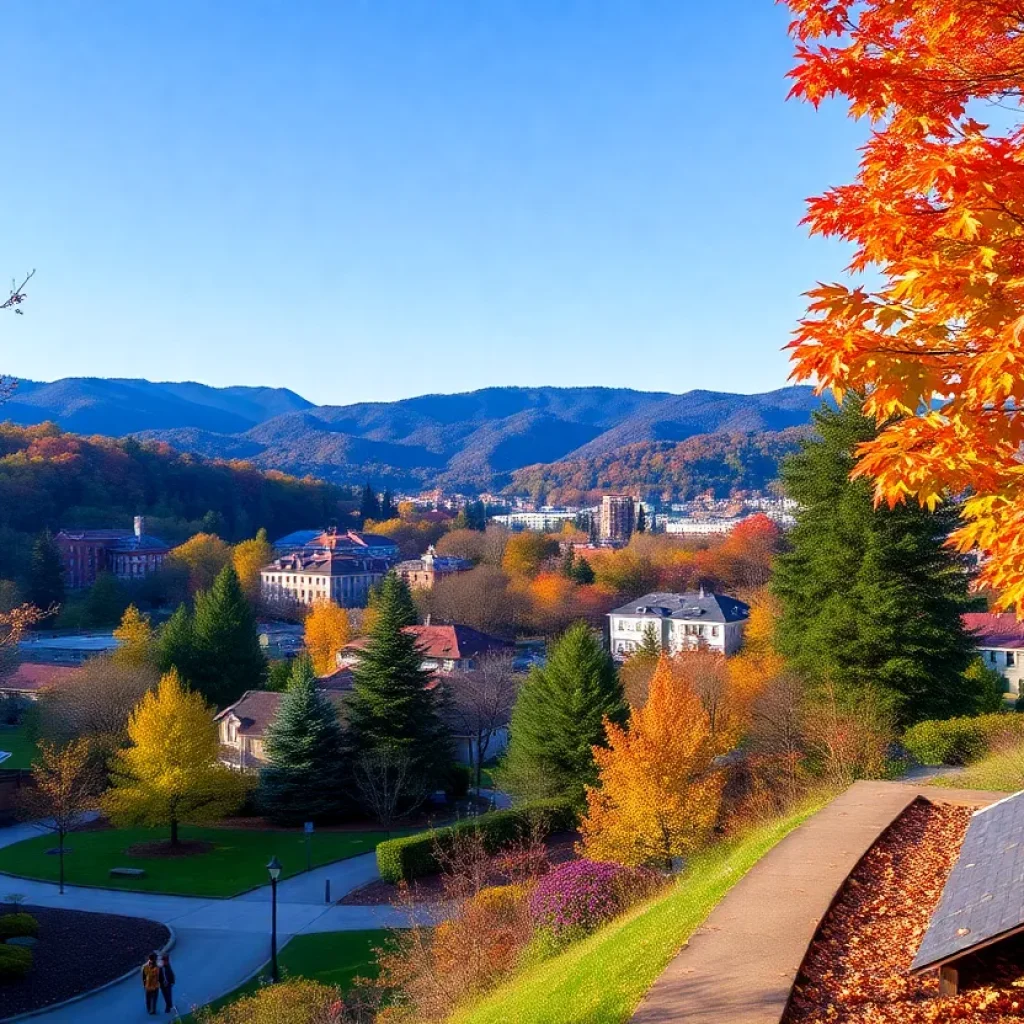 Scenic view of Asheville, NC with autumn leaves.