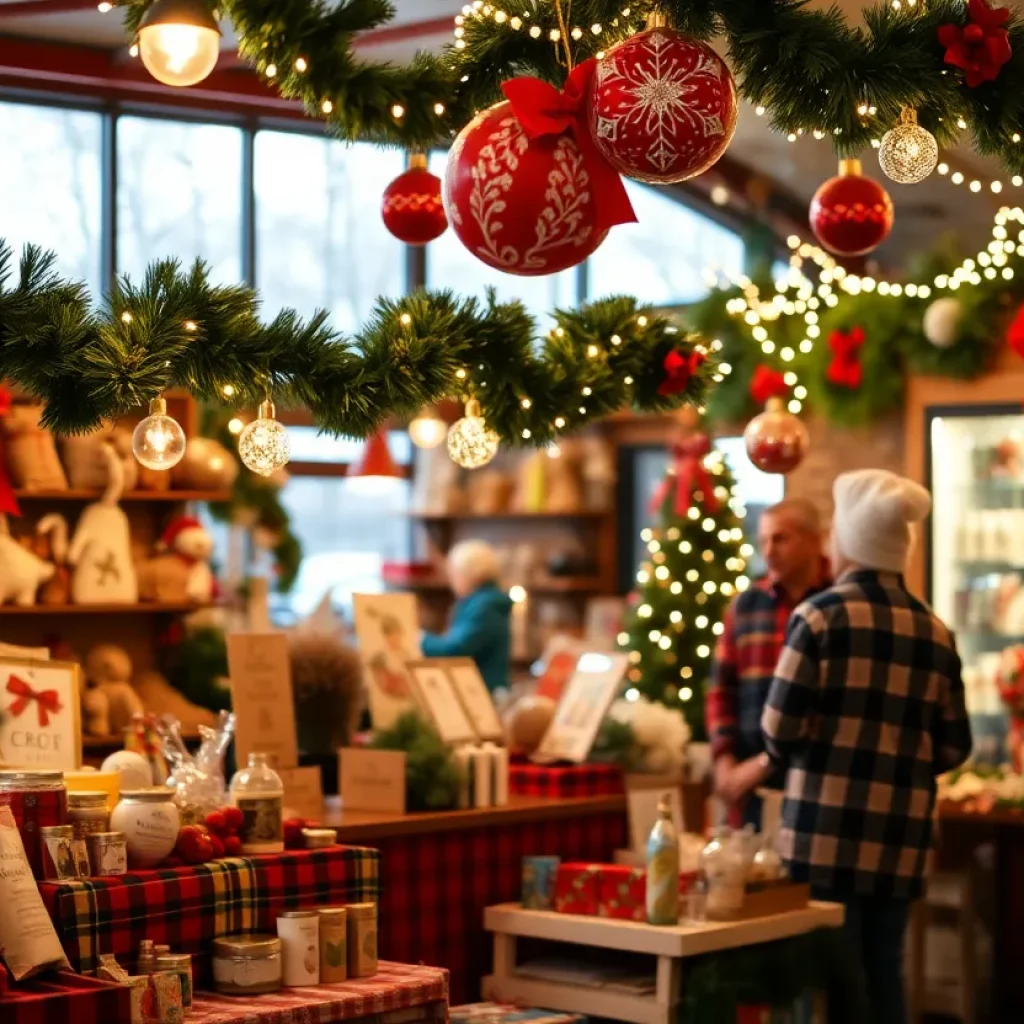 A bustling holiday market showcasing products from Asheville small businesses.