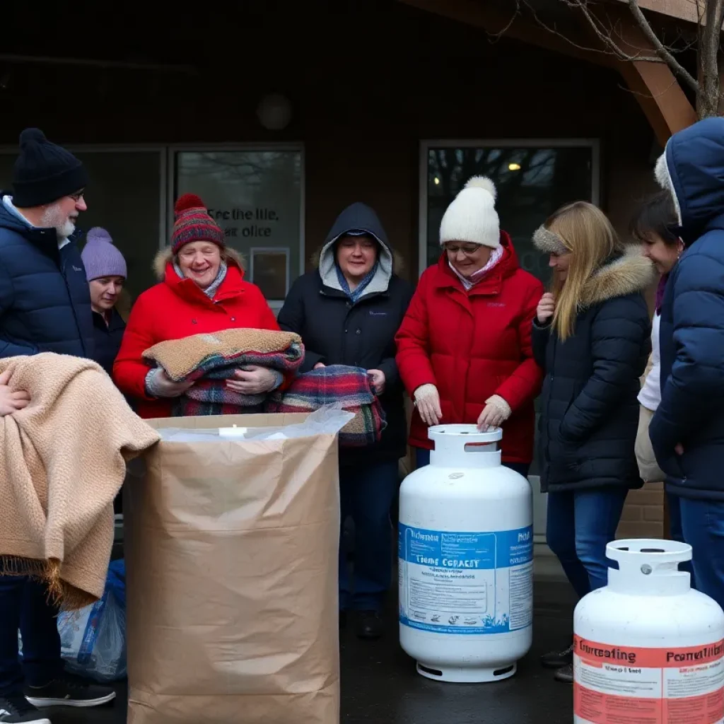 Community members distributing heating supplies in Asheville during winter.