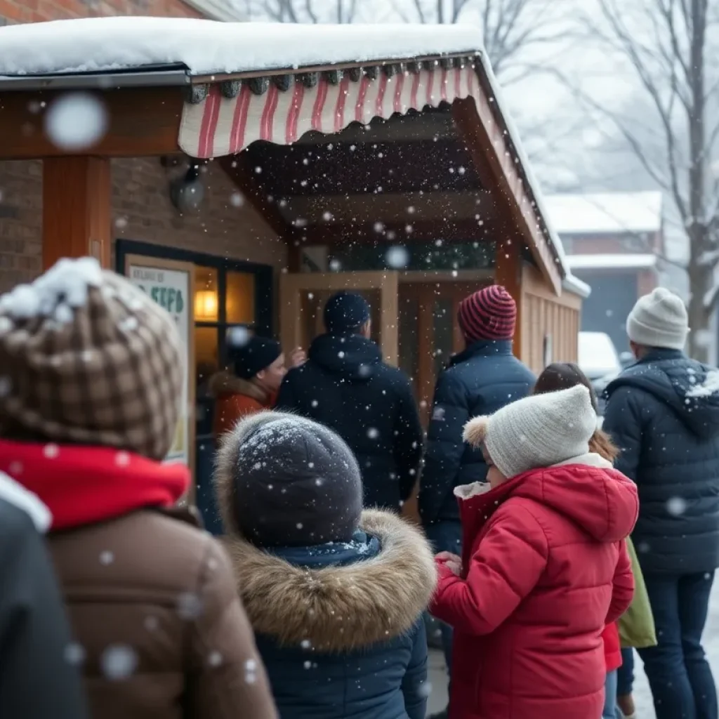 Winter scene in Asheville, a warm shelter with a community gathering outside in the snow.