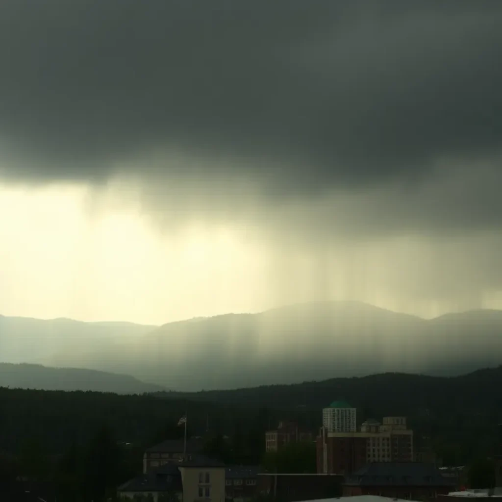 Stormy weather in Asheville with heavy rain and dark clouds