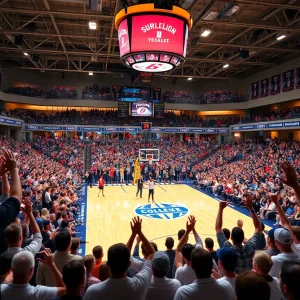 Excited basketball fans in a college gym anticipating decisions