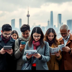 Conceptual image of people consuming news amidst an urban infrastructure setting