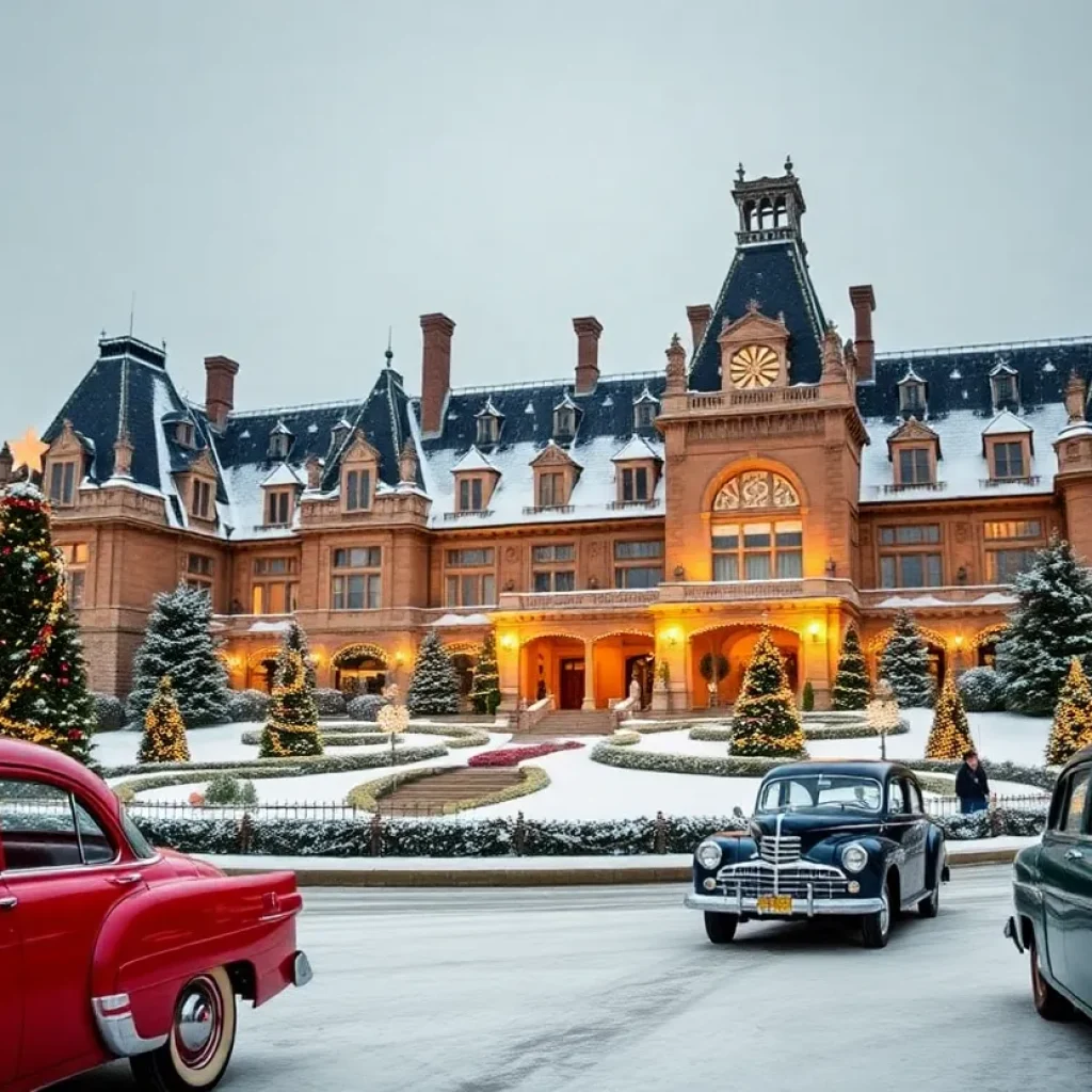 Biltmore Estate with holiday decorations and snow