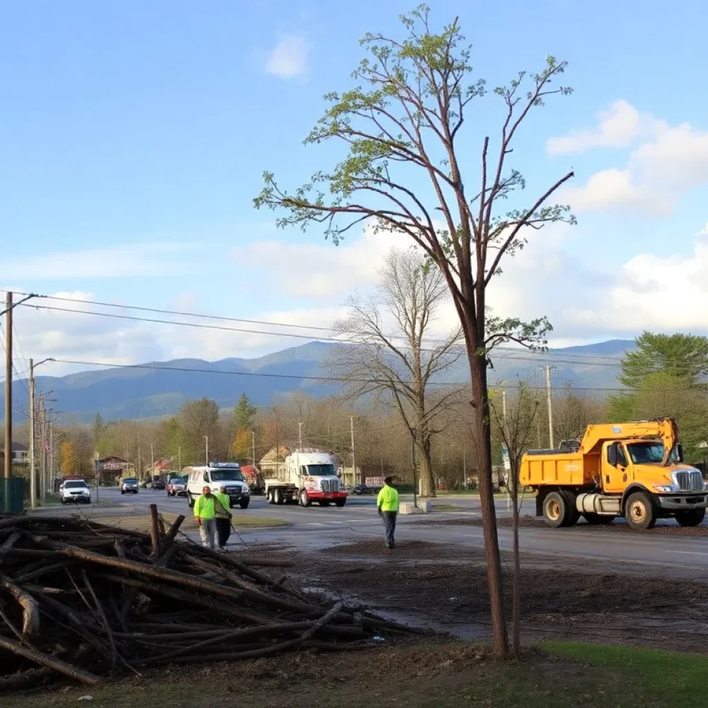 Workers clearing storm debris in Buncombe County