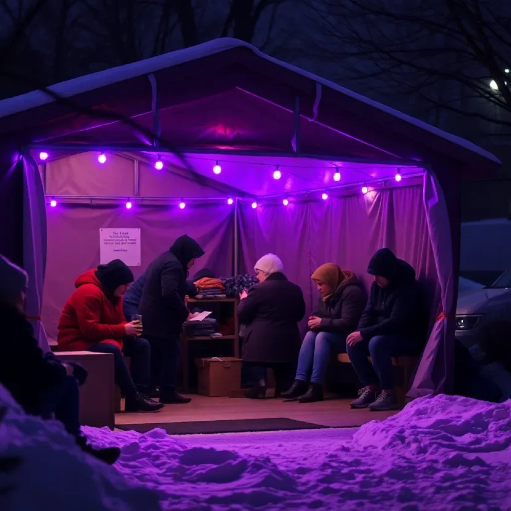 Emergency shelter in Asheville illuminated with purple lights