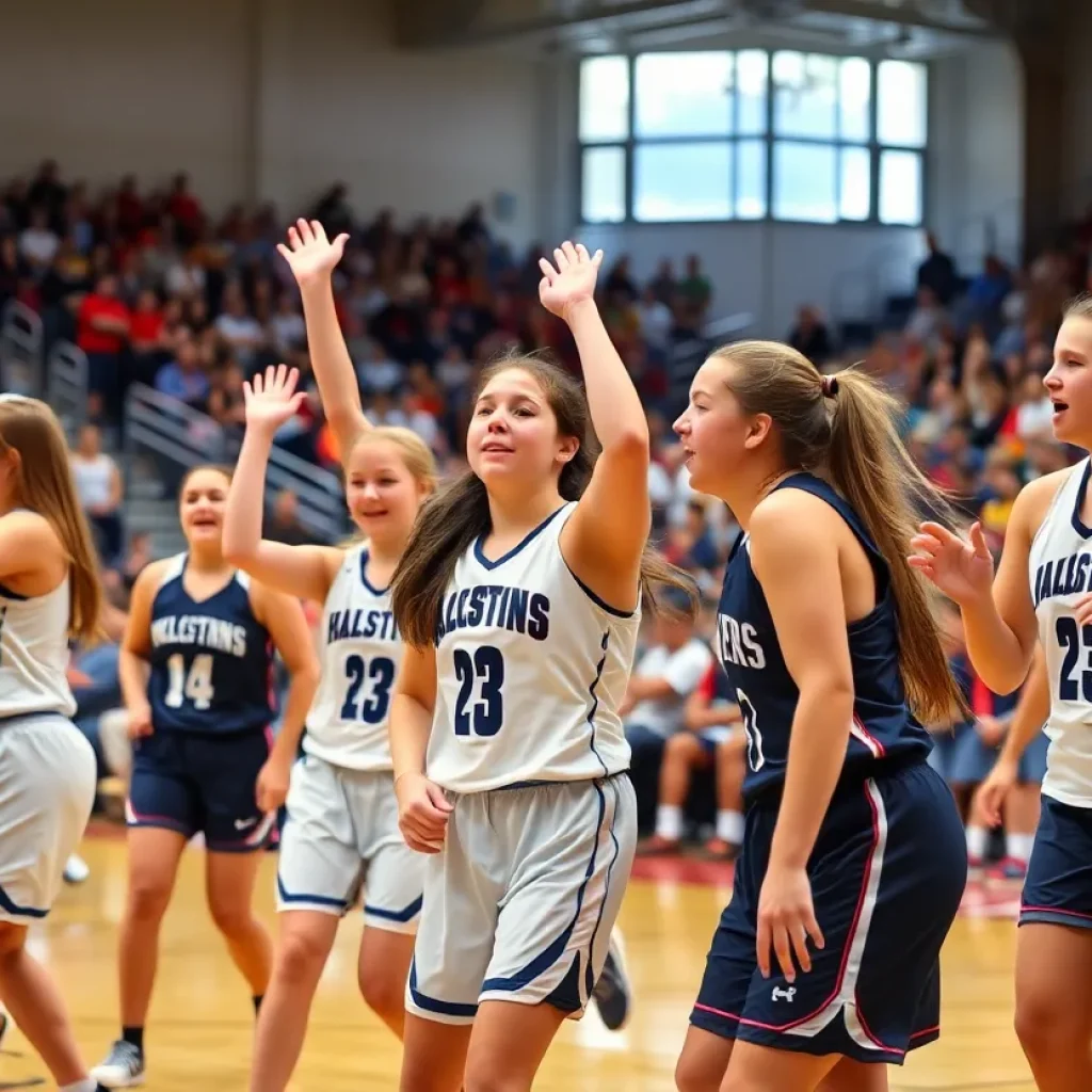 Erwin girls basketball team celebrating a recent win in a packed gym.