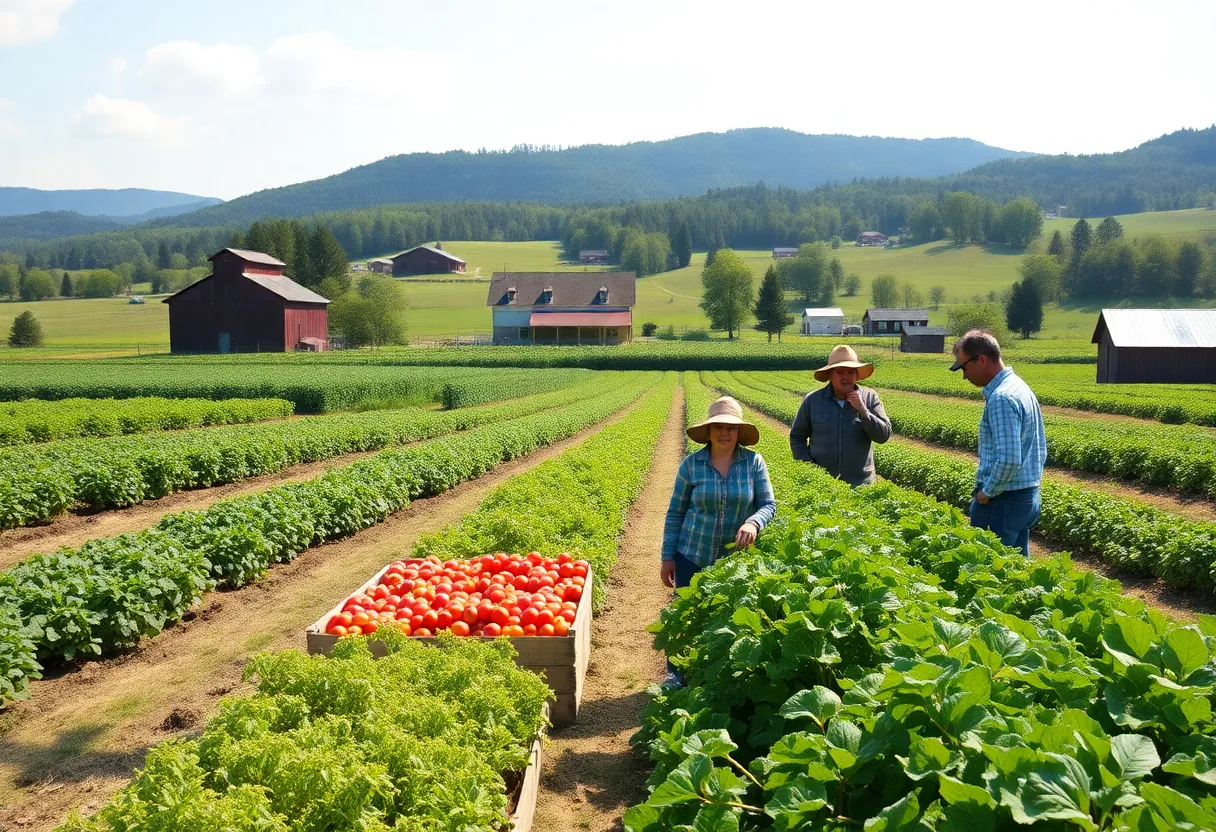 Family farmers working together in Western North Carolina fields.