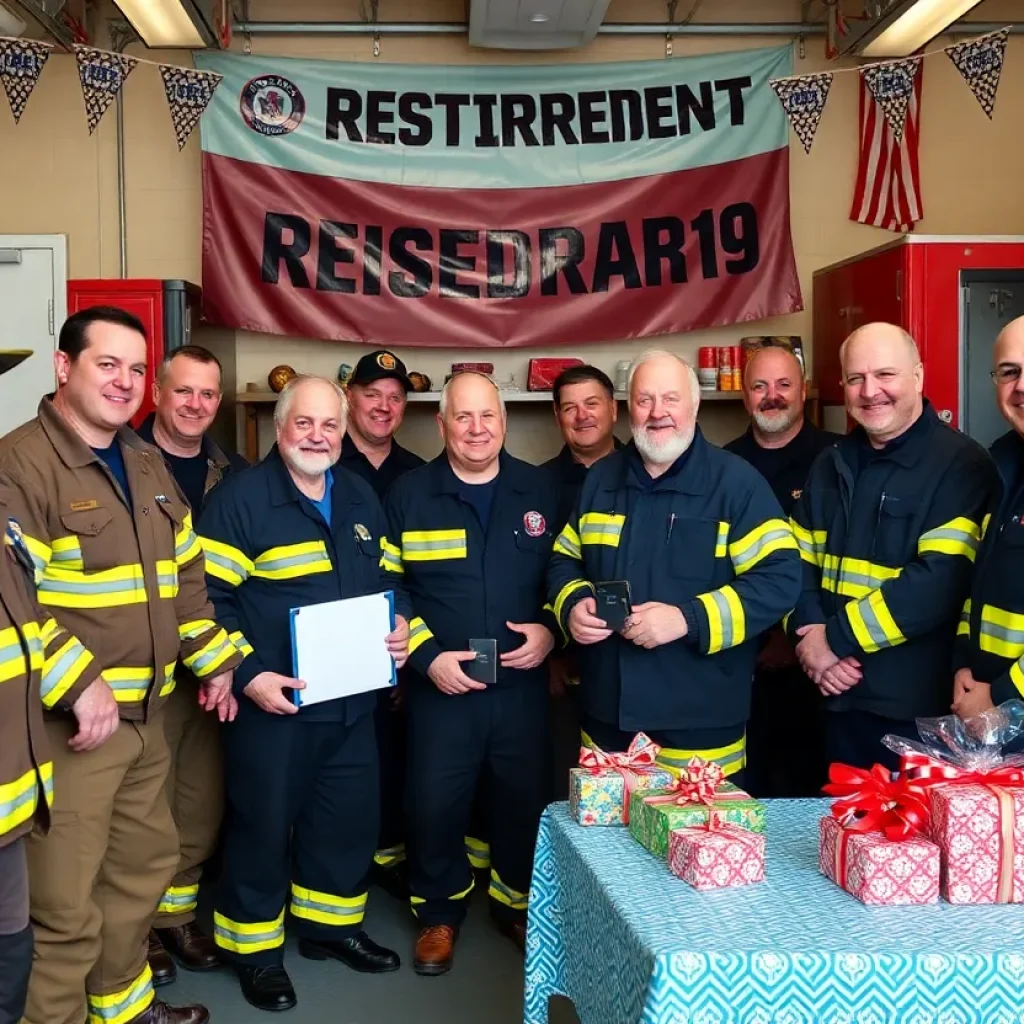 Firefighters celebrating the retirement of a colleague in a fire station.