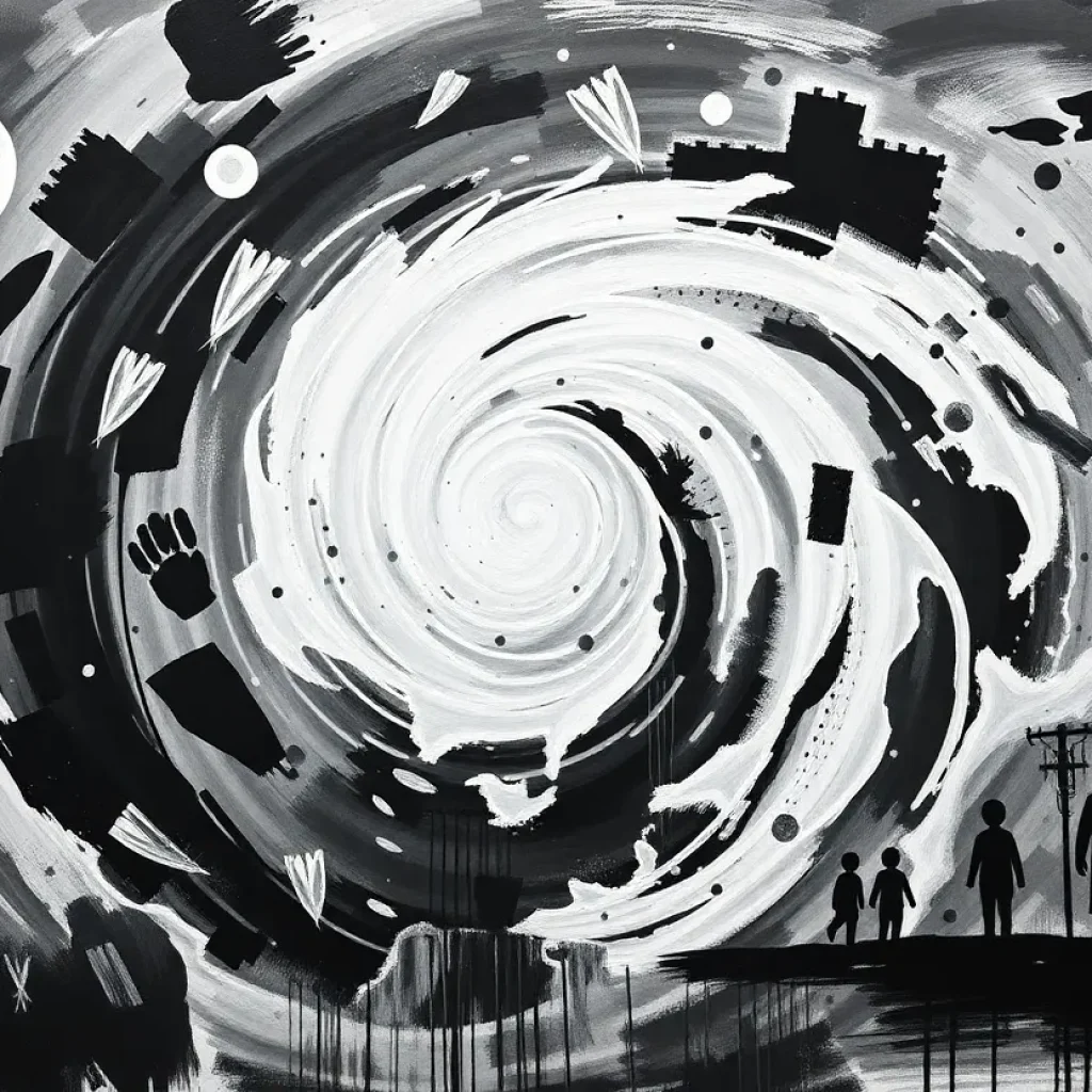 A striking black and white artwork inspired by Hurricane Helene, showcasing emotional themes.