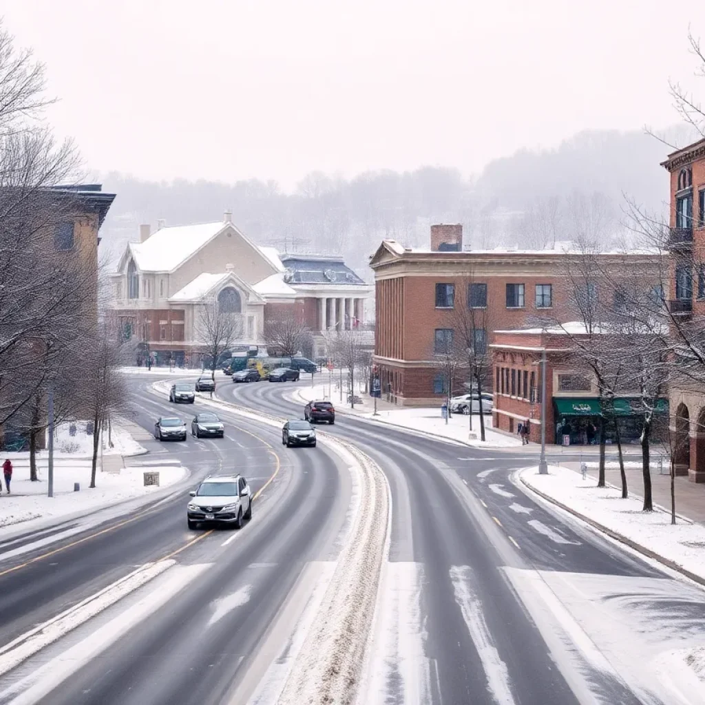 Snowy landscape in Asheville with ice on the roads