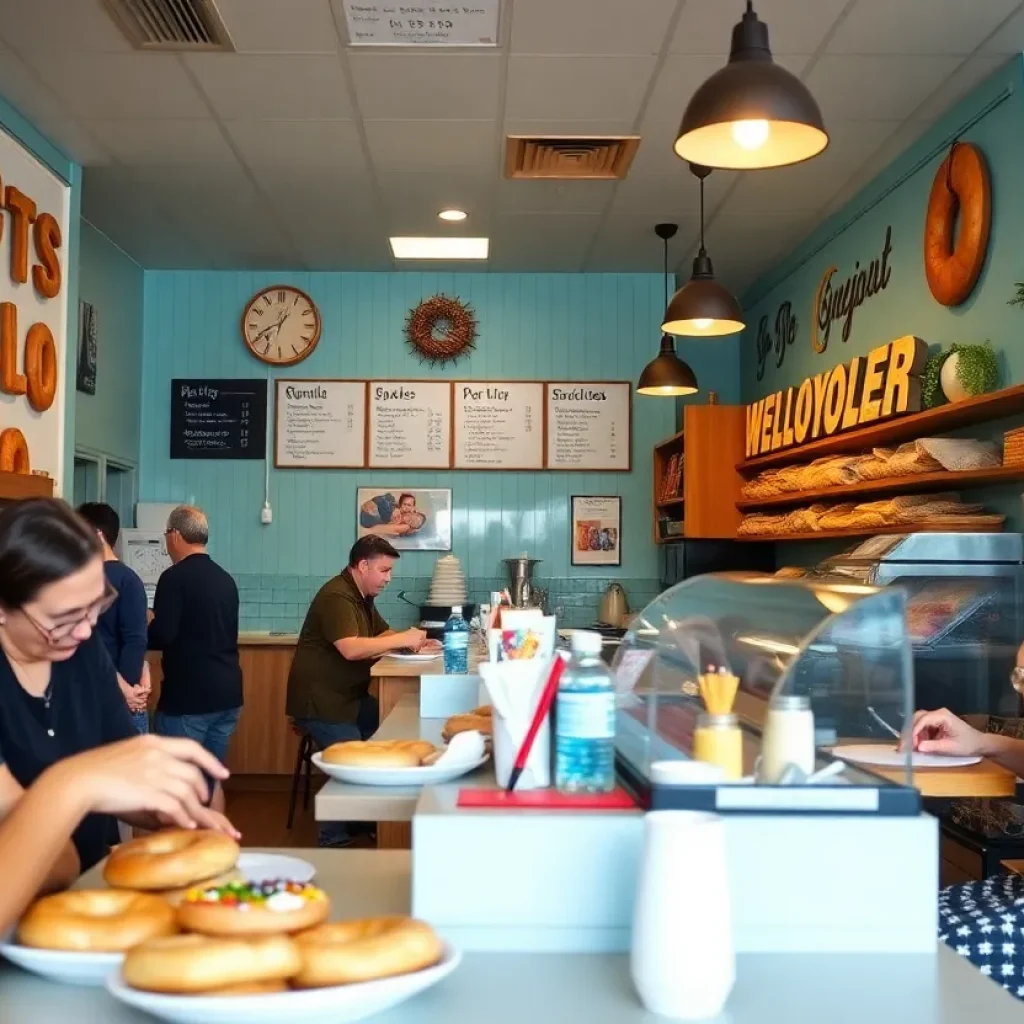 Interior view of Joey's Bagels in Asheville with customers enjoying breakfast.