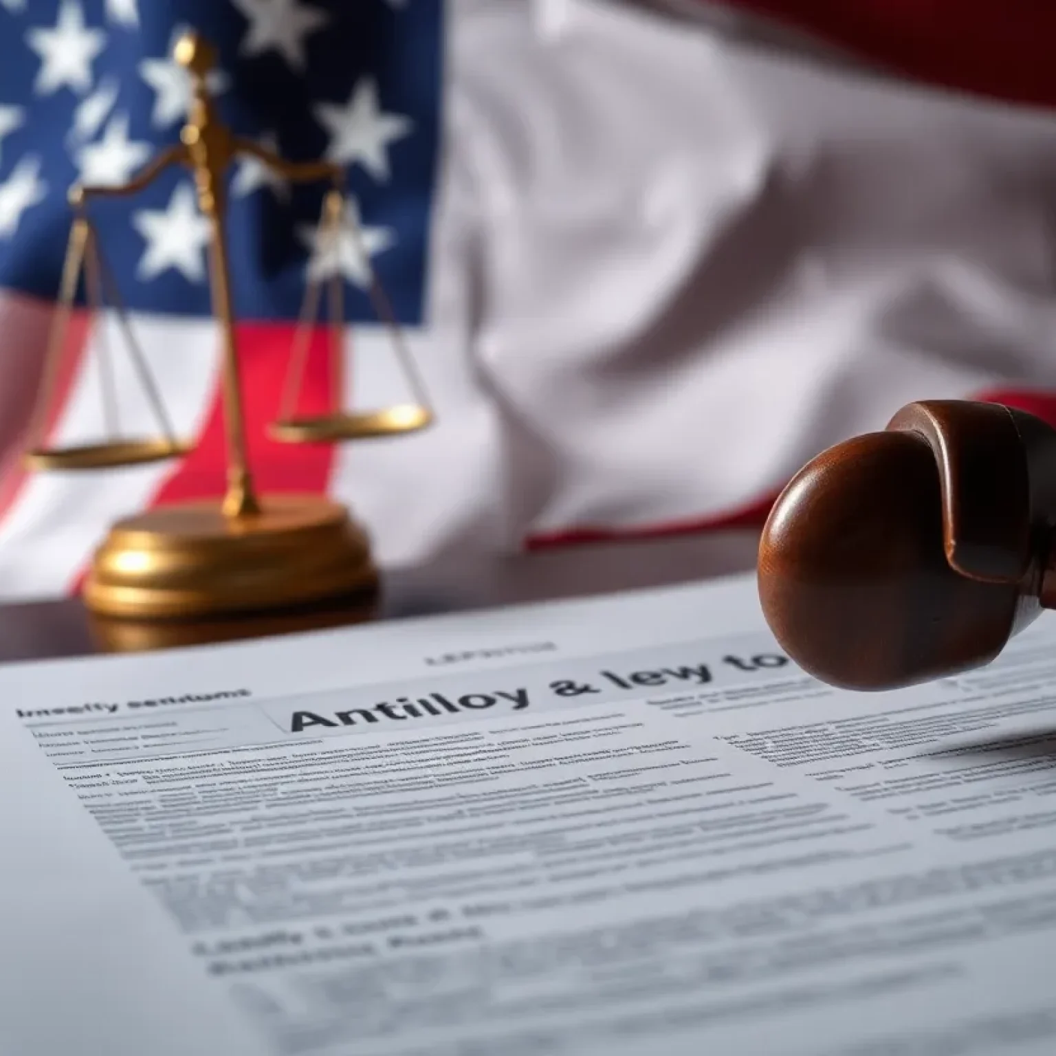 Overview of a legal report with American flag background.