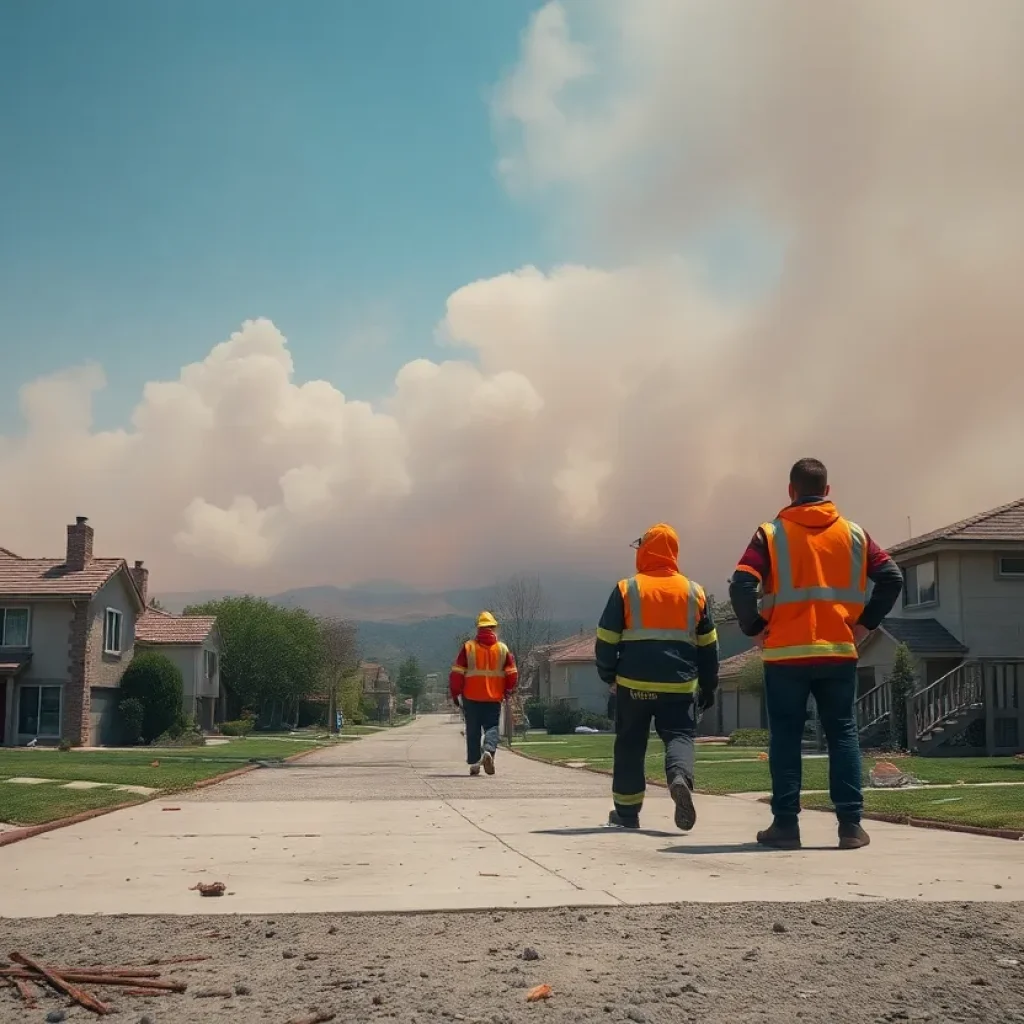 Residents cleaning up after wildfires in Los Angeles, with visible smoke and ash.