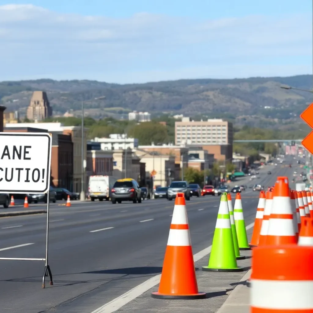 Construction scene on Patton Avenue with lane reduction signs.