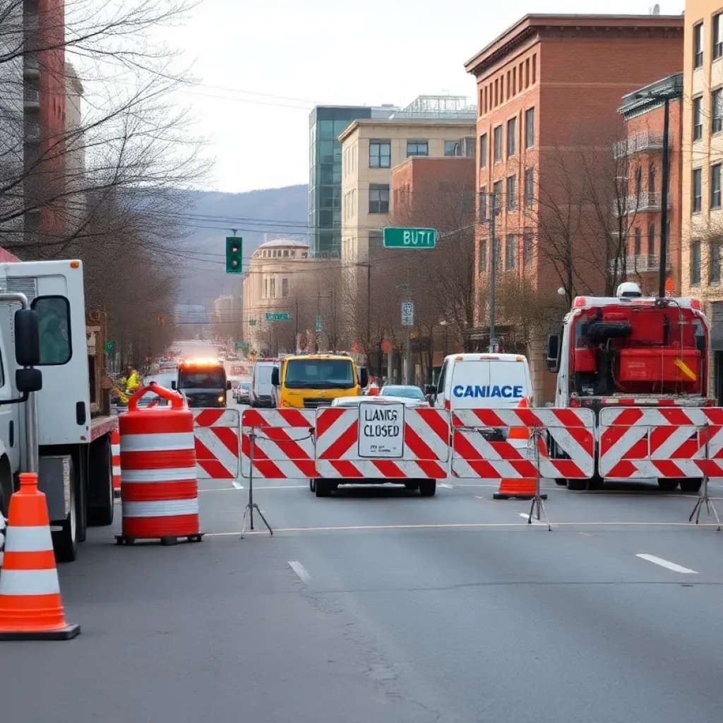 Construction work on Patton Avenue in Asheville with lane closures.