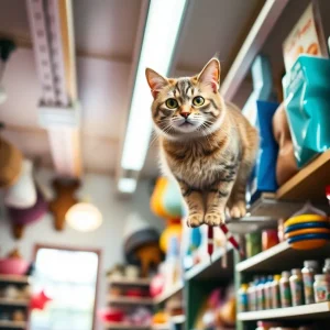 Peanut the cat relaxing on rafters in Southern States store