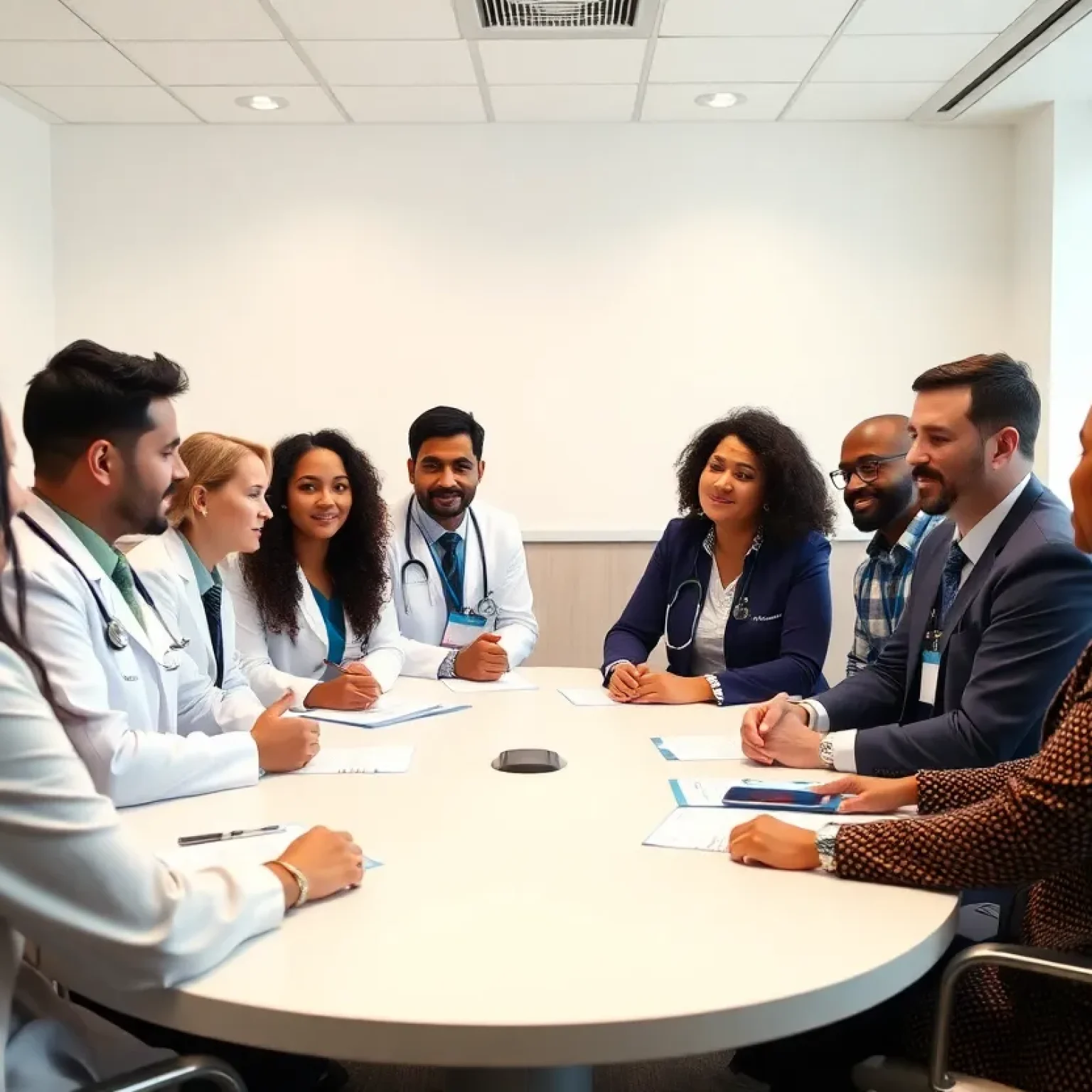 Diverse group of physicians collaborating in a conference room.