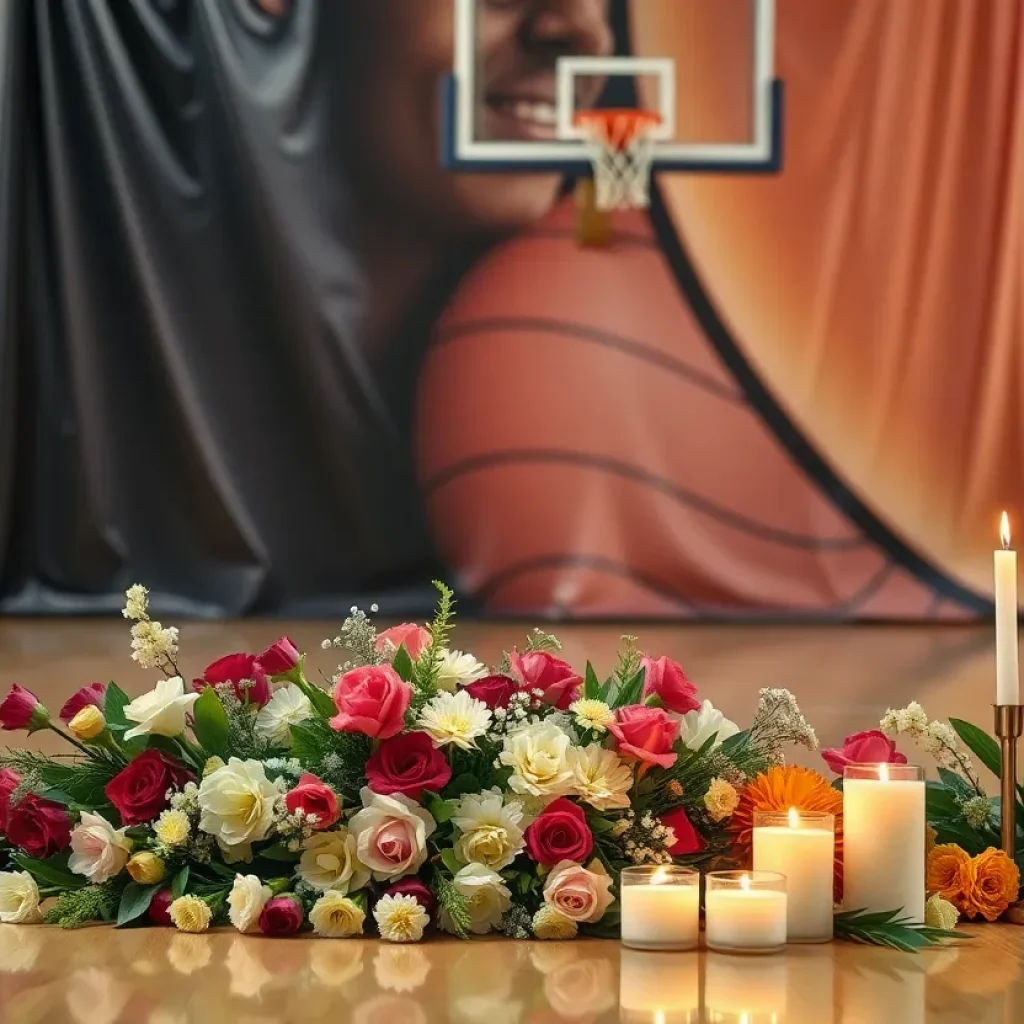 Memorial scene for Randy Shepherd, featuring a basketball court and flowers.