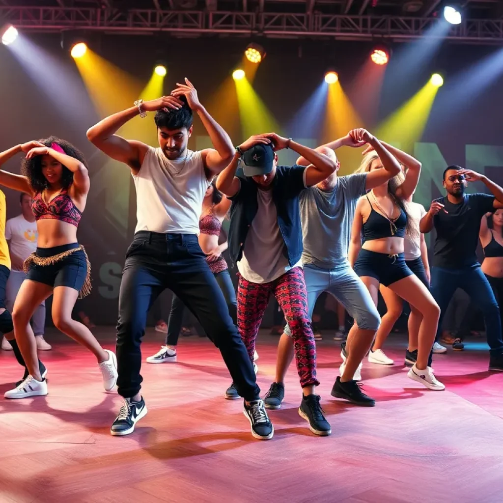 Hip-hop dancers performing on stage during the Rennie Harris Puremovement event.