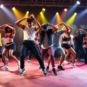 Hip-hop dancers performing on stage during the Rennie Harris Puremovement event.