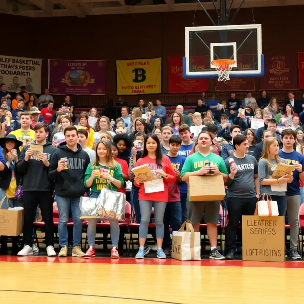 Fans at a college basketball game donating canned goods for the food drive