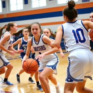 High school girls basketball players in action on the court