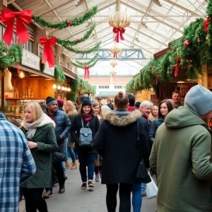 Festive market scene in Asheville with shoppers supporting local businesses