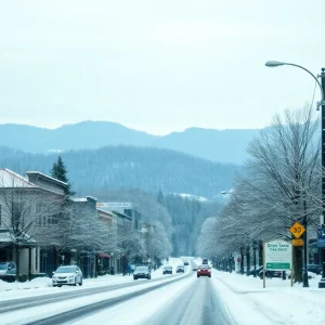 Snow-covered street in Asheville during winter storm