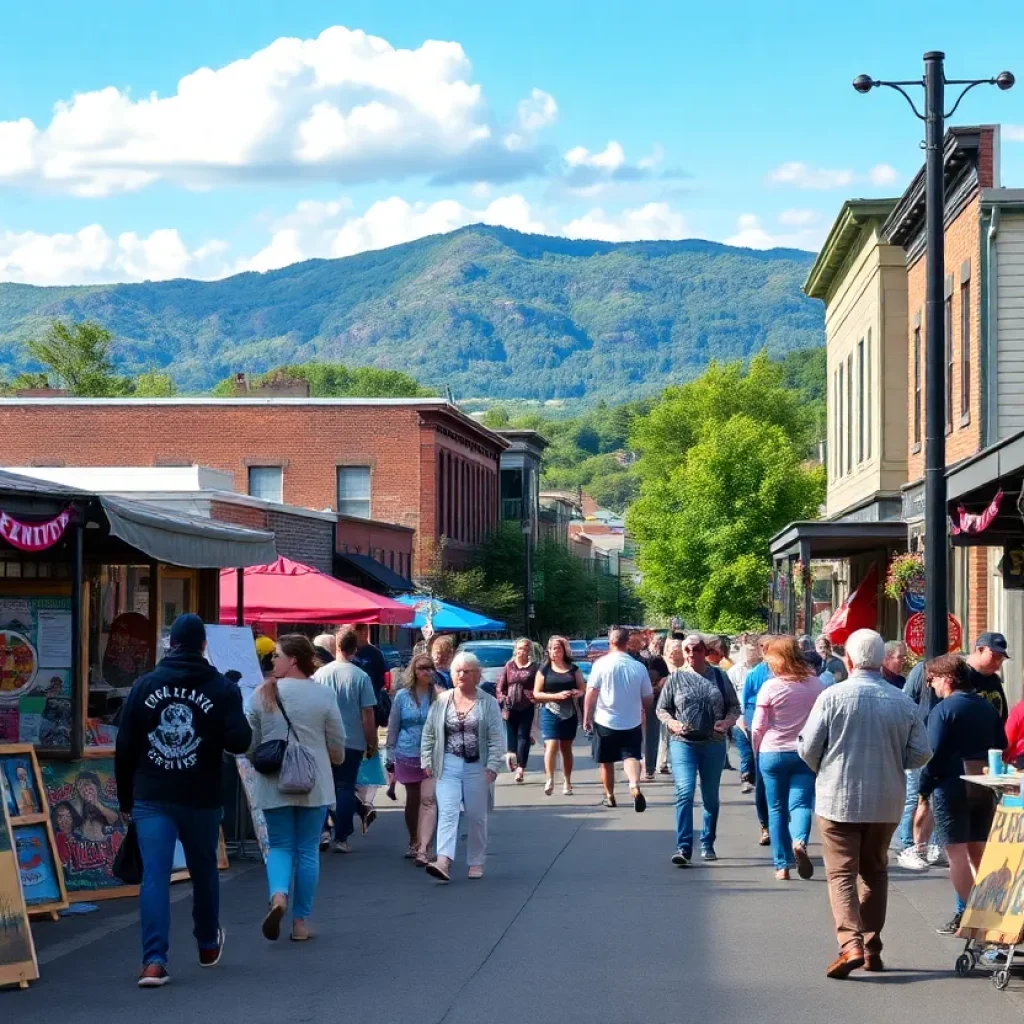 A lively street scene in Asheville filled with local art and residents enjoying the community.