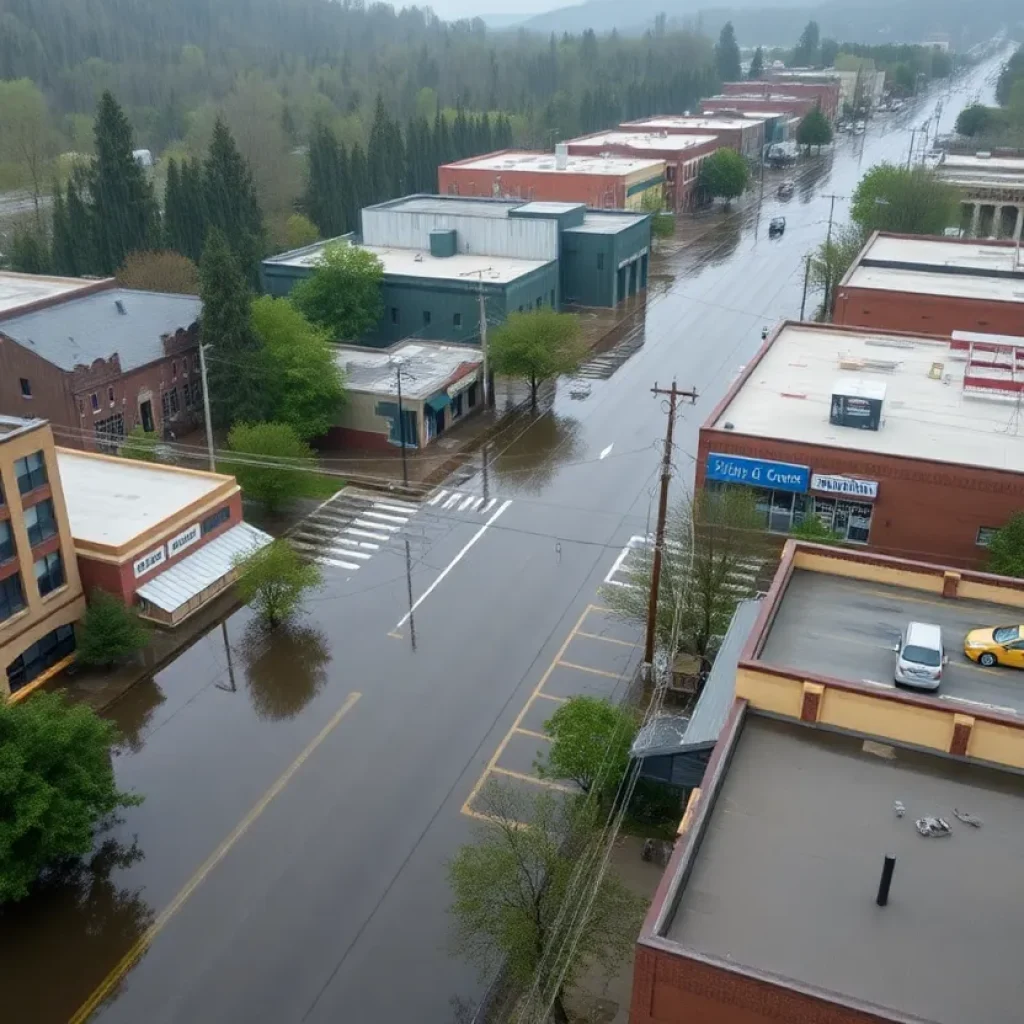 Aerial view of Asheville showing flood damage after Hurricane Helene