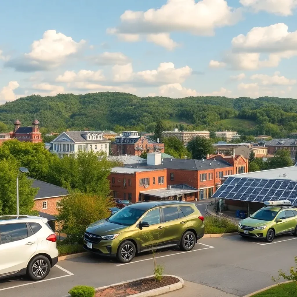 Cityscape of Asheville showcasing zero-emission technologies and green energy solutions.