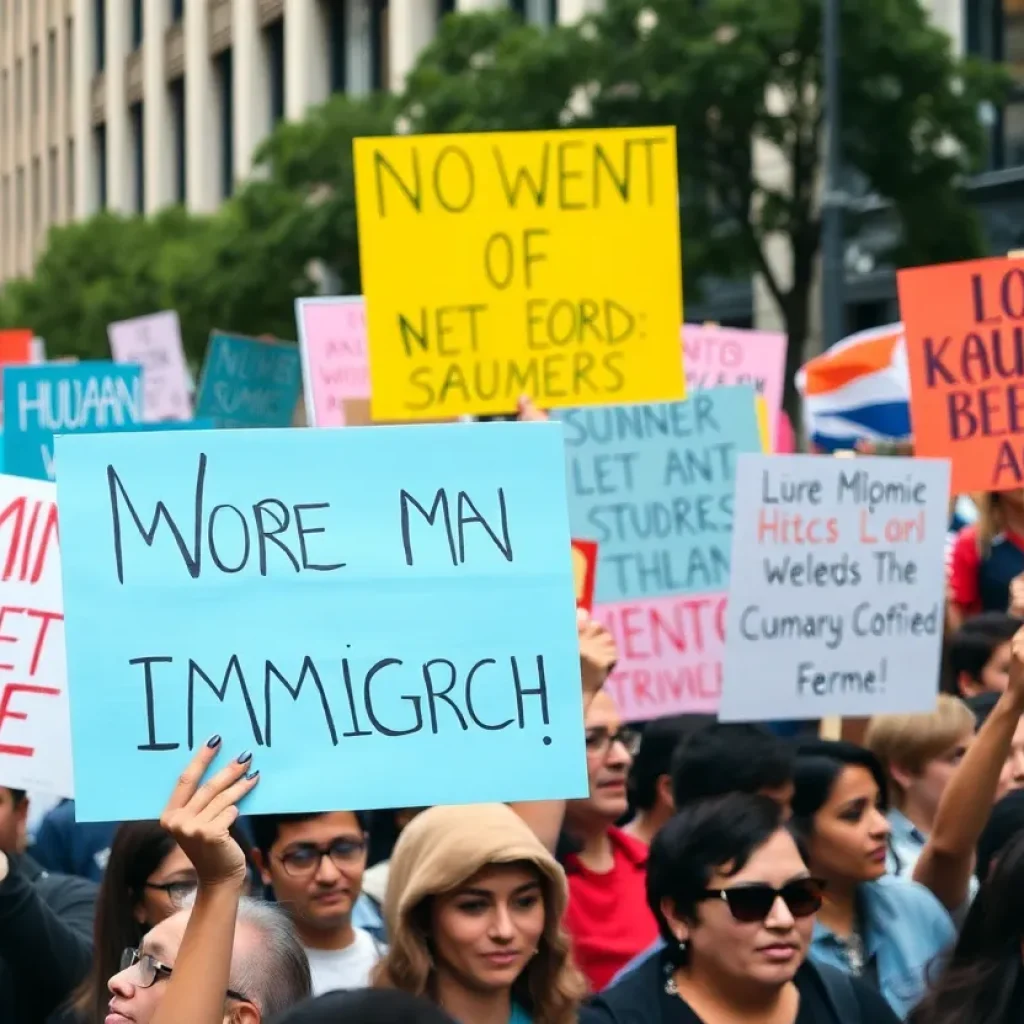 Crowd of protesters in Asheville holding signs about immigration rights