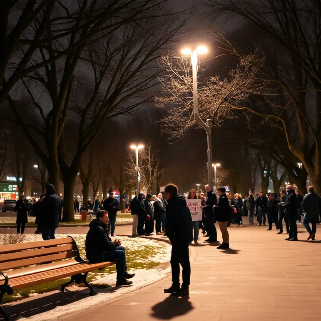 Public park during a protest in Asheville, showcasing a cold winter evening atmosphere