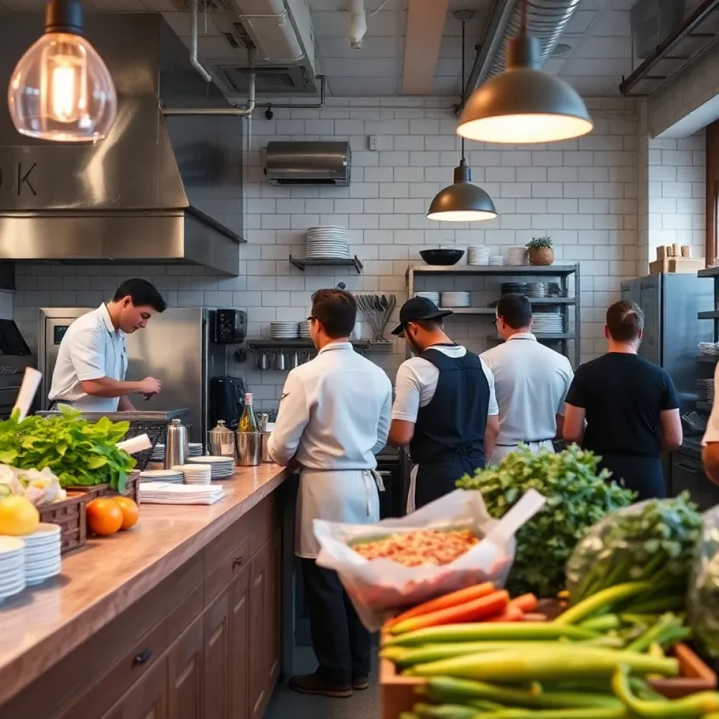 Chefs collaborating in a vibrant Asheville restaurant kitchen