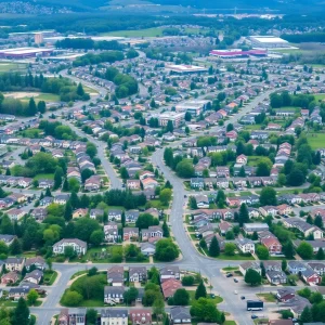 Aerial view of Asheville showcasing diverse housing amidst greenery.