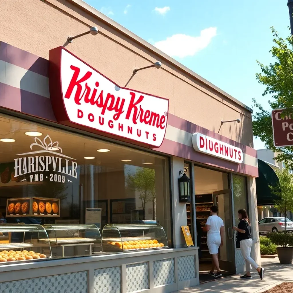 Krispy Kreme doughnut shop in Asheville, North Carolina, bustling with customers.