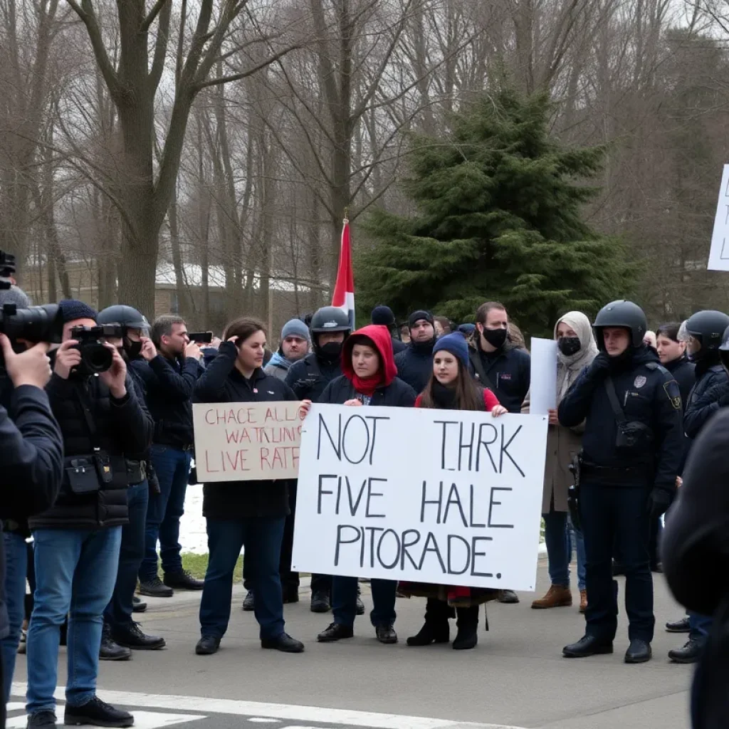 A protest scene in Asheville's Aston Park with journalists and police.