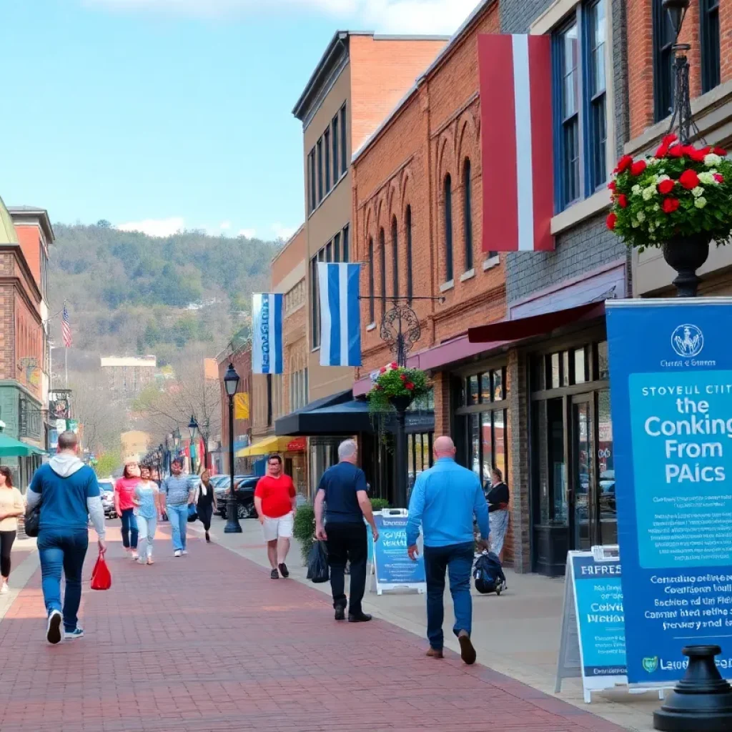 Vibrant Asheville downtown area with pedestrians and local businesses