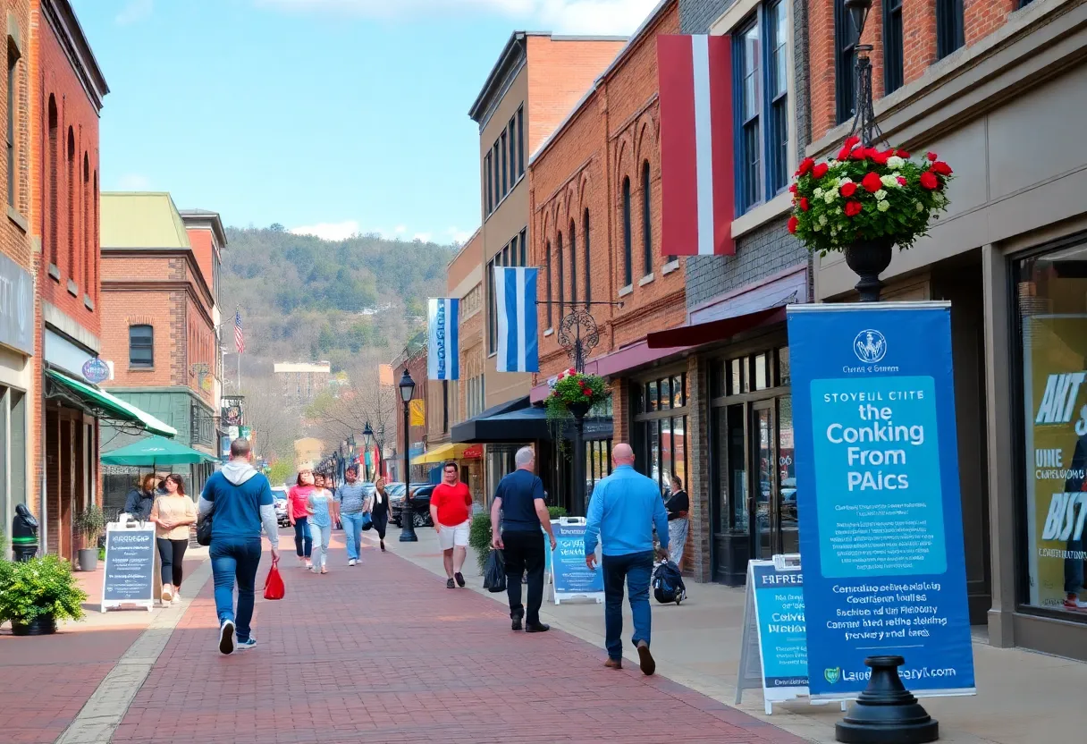 Vibrant Asheville downtown area with pedestrians and local businesses
