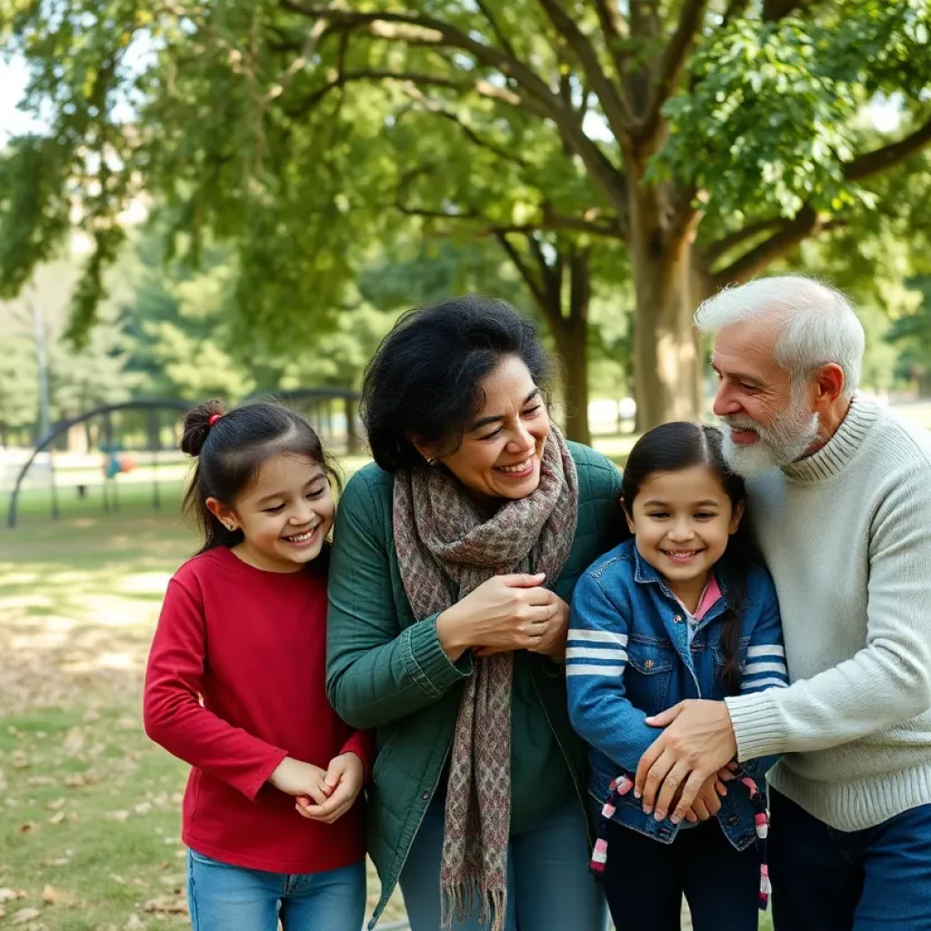 A family bonding in a park after the paid family leave initiative in Asheville.