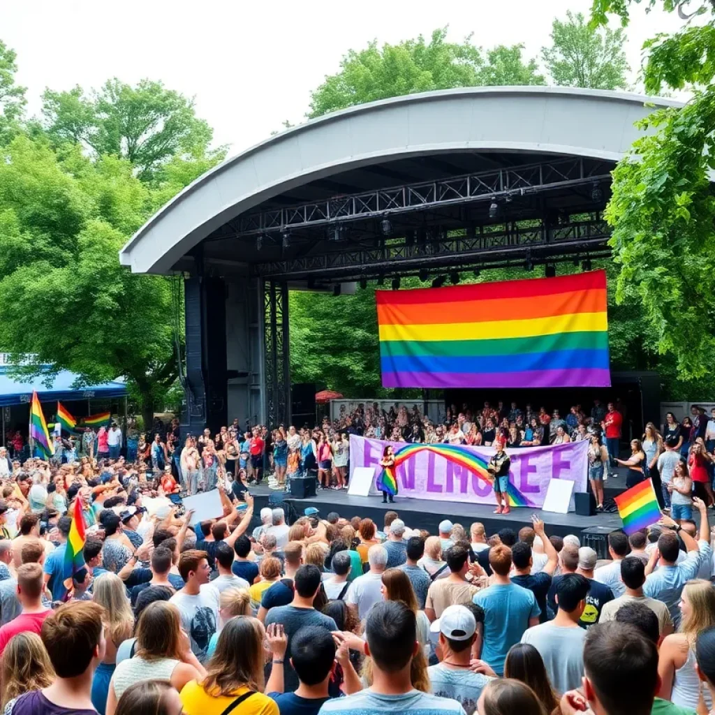 Crowd celebrating at the Asheville Gay Men's Chorus 25th anniversary event at Hazel Robison Amphitheater.