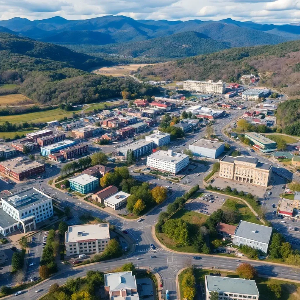 Aerial view of Asheville healthcare sector showcasing hospital and medical facilities