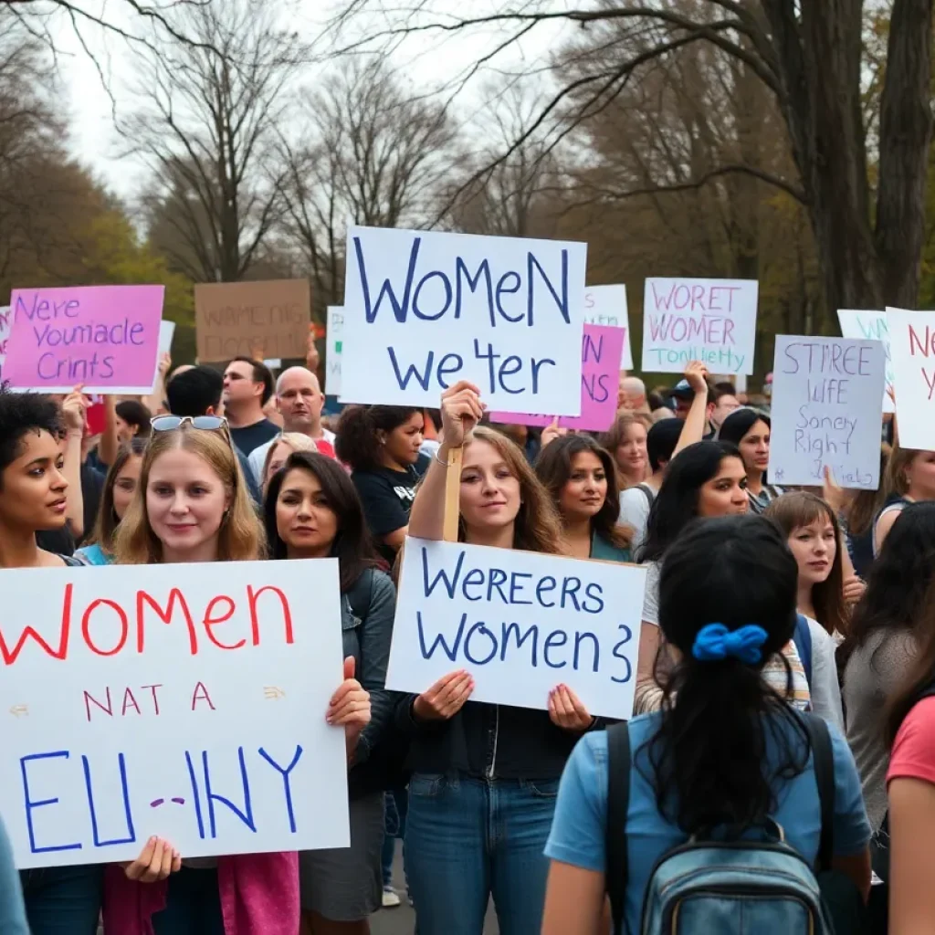 Crowd at Asheville International Women’s Day protest holding signs