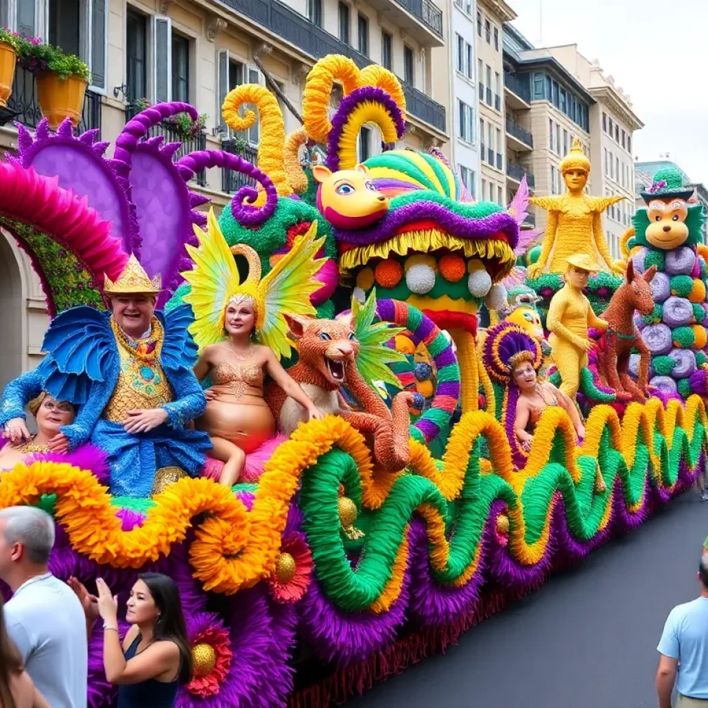 Mardi Gras parade in Asheville showing colorful floats and costumes.