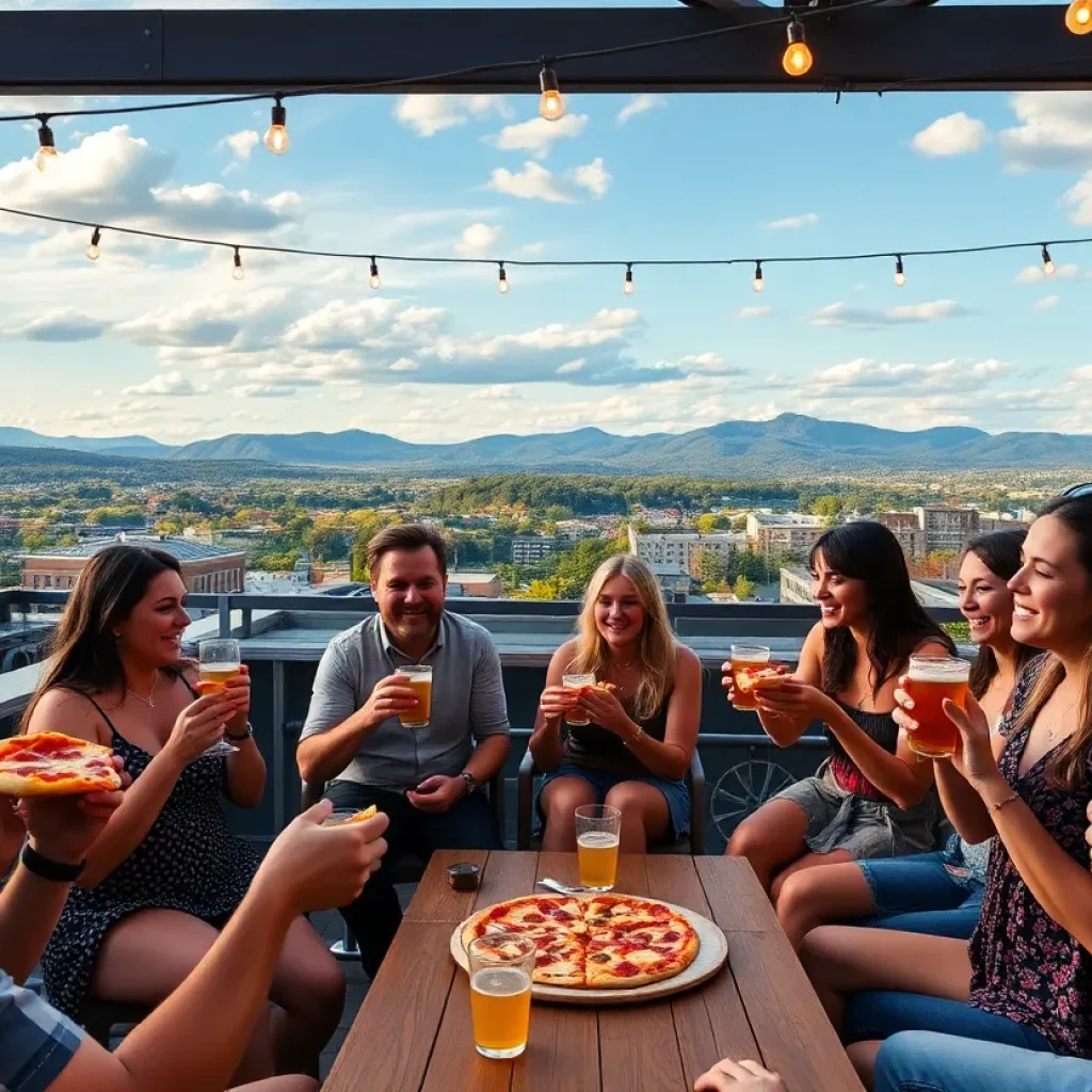 People enjoying food and drinks at the Asheville pizza celebration.