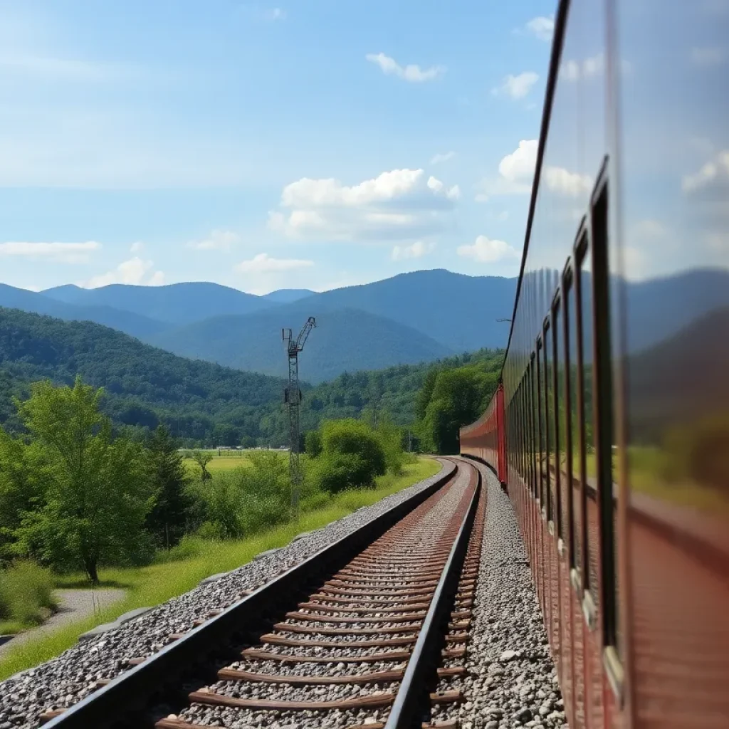 Train approaching Asheville rail line in a beautiful landscape