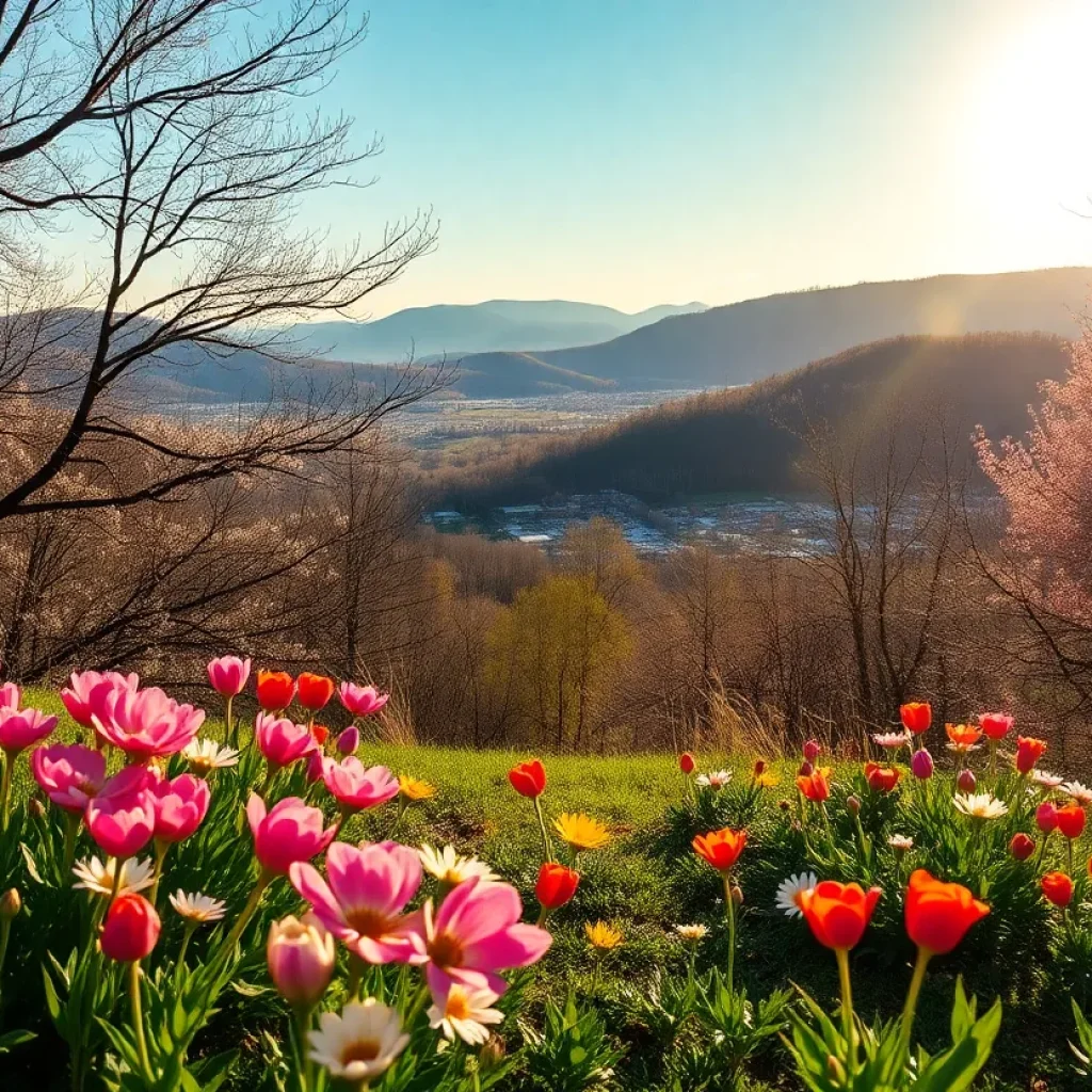 Spring flowers blooming in Asheville under a bright blue sky